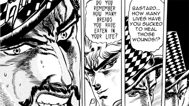 Image: JoJo’s Bizarre Adventure, volume 3, chapter 25. Zeppeli and Dio’s panels during the aforementioned “breads” exchange.